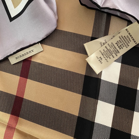 Display # 3 Burberry Scarf Classic Beige Check Gray Border Silk Wrap - Picture 9 of 15